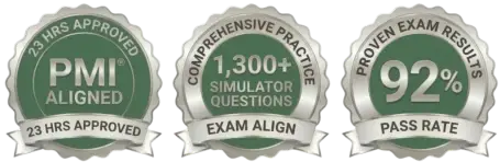 Three silver badges highlighting 23 contact hours, 1,300+ simulator questions, and a 92% pass rate