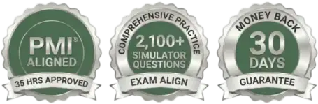 PMI aligned, 2,100 simulator questions, and 30-day money back guarantee badges