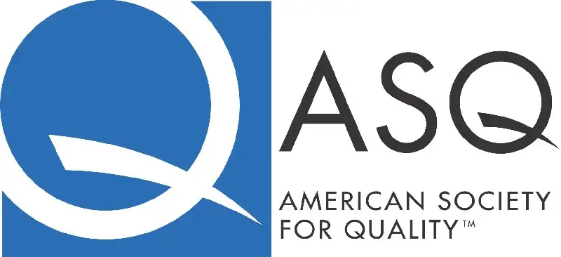 ASQ logo featuring a stylized white "Q" on a blue square, with the black letters "ASQ" and the words "American Society for Quality" written below—symbolizing excellence from military service to project management.