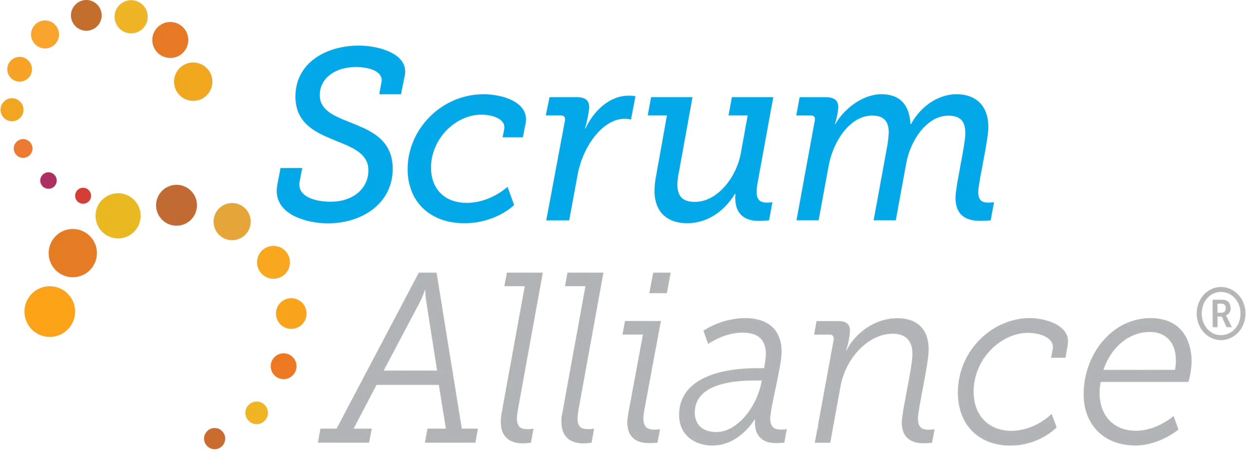 Scrum Alliance logo featuring the words "Scrum Alliance" in blue and gray text, with orange and yellow dots forming a curved, flowing shape—symbolizing a journey from military service to project management.