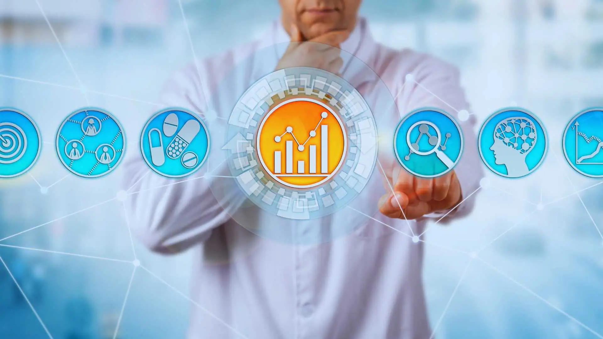Healthcare professional interacting with futuristic medical data analytics interface, highlighting digital innovation in medicine.