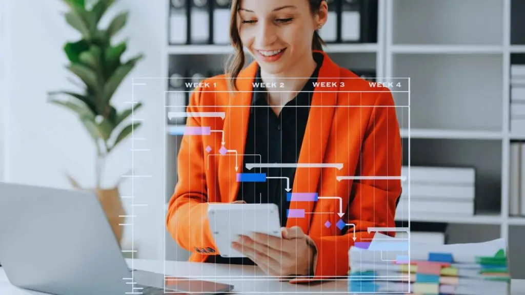 Businesswoman holding a tablet with a project management Gantt chart overlay in a modern office