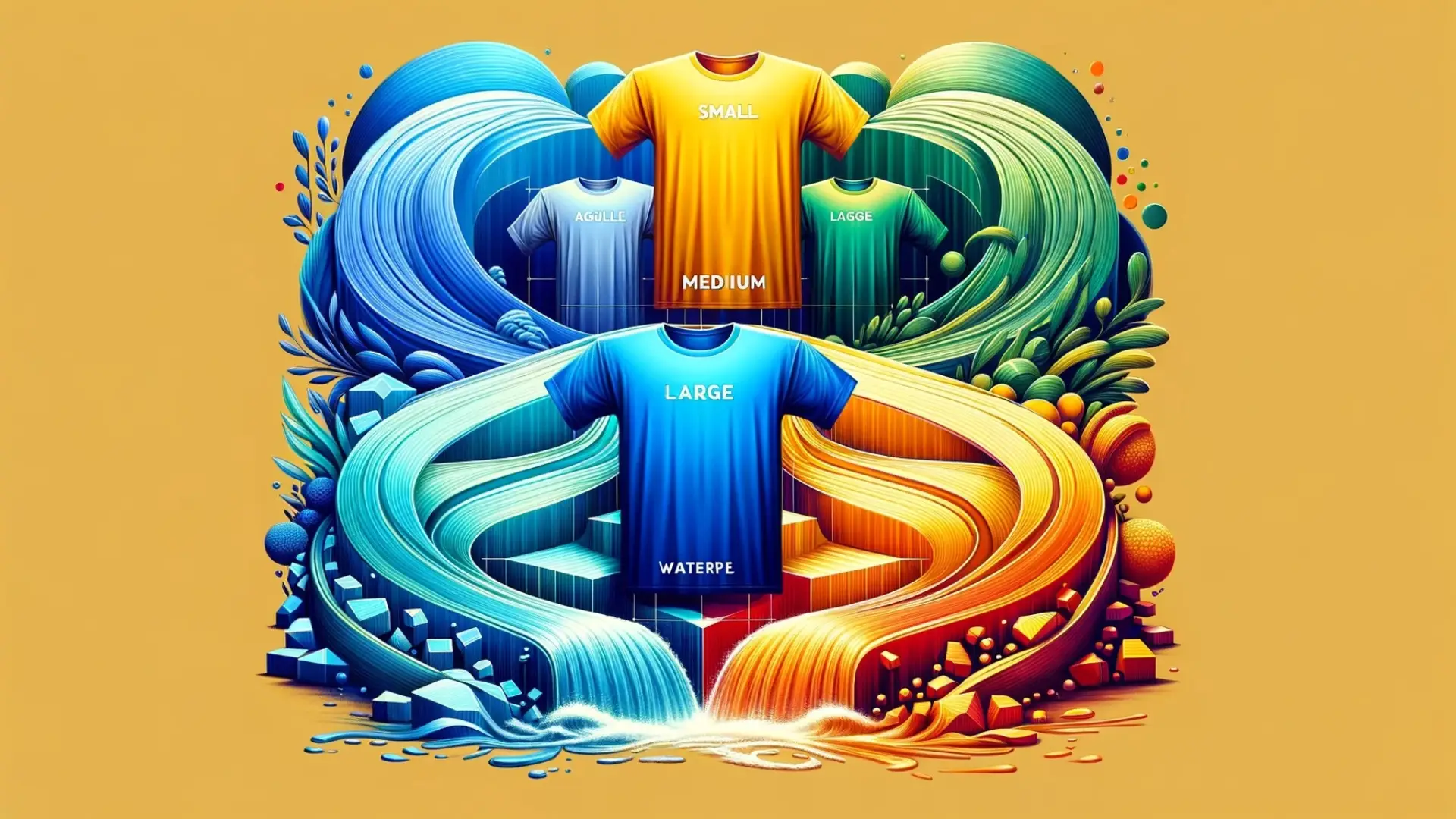 Colorful illustration of various sized T-shirts labeled small, medium, and large, representing T-shirt sizing in Agile and Waterfall project management against an abstract wave background