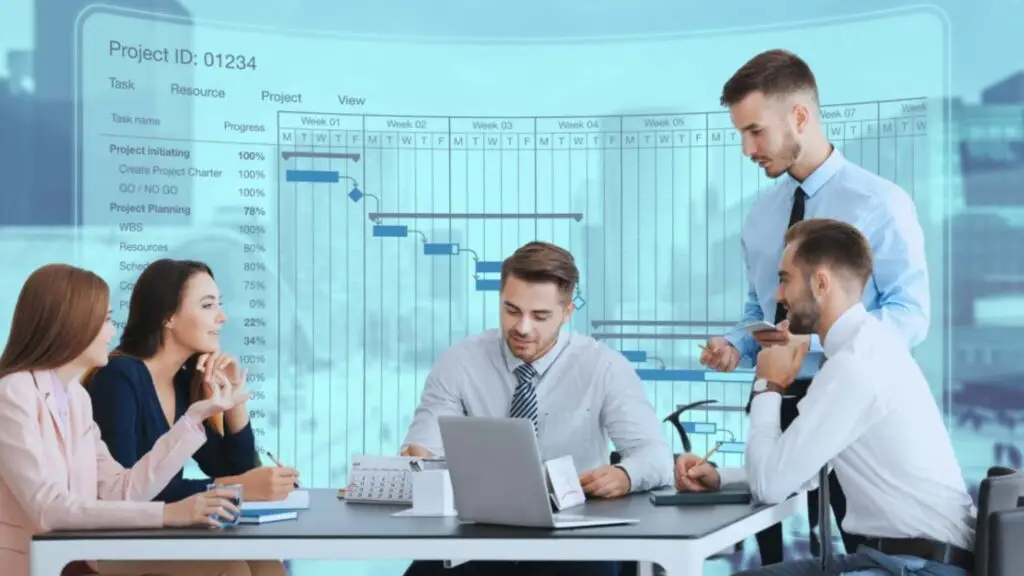Team of professionals discussing project progress with a transparent Gantt chart, highlighting task status and timelines for efficient project management