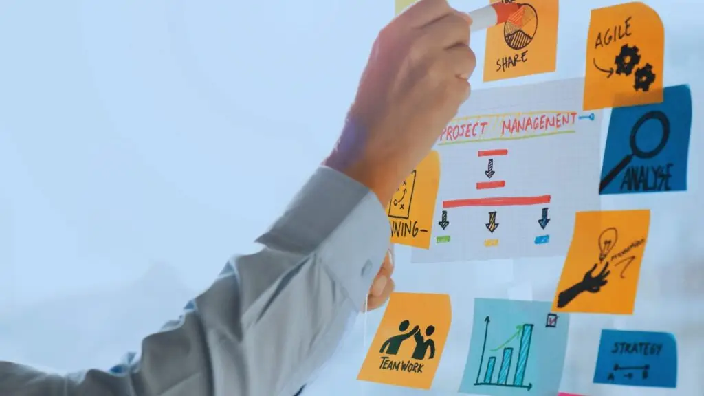 Business professional arranging colorful sticky notes on a glass wall during a project management and planning session.