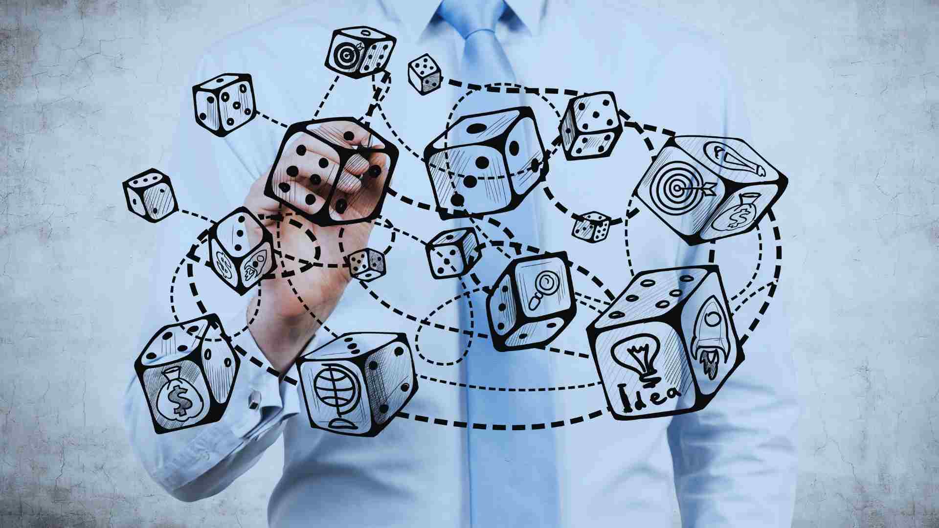 Person in a blue shirt with futuristic augmented reality icons of dice representing chance and strategy concepts.