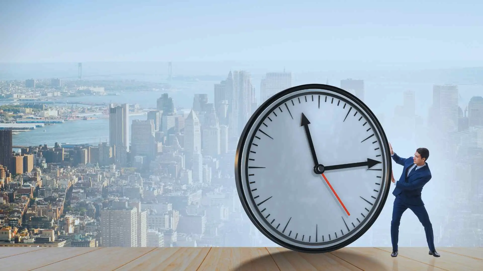 A clock in front of a city skyline representing how to manage time in project management.