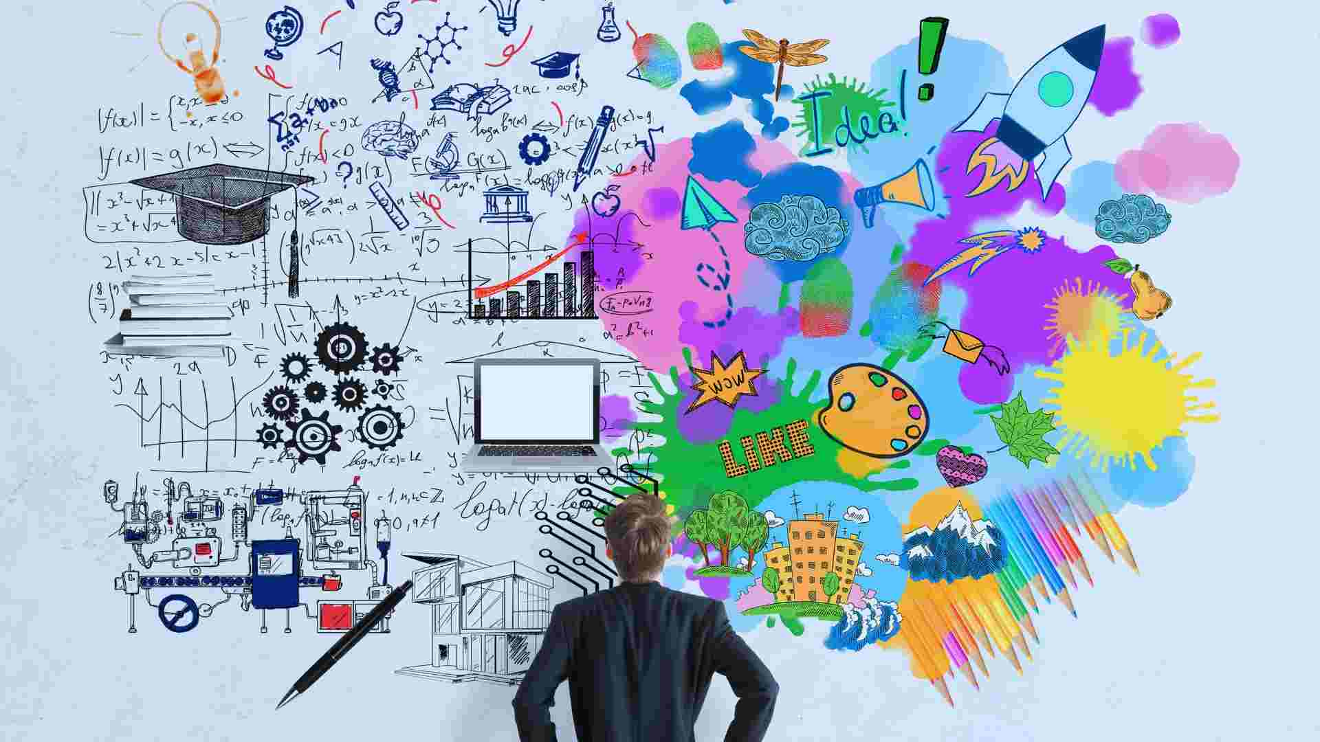 A person in a suit stands in front of a wall filled with both analytical and creative drawings, representing the concept of qualitative vs quantitative risk analysis.