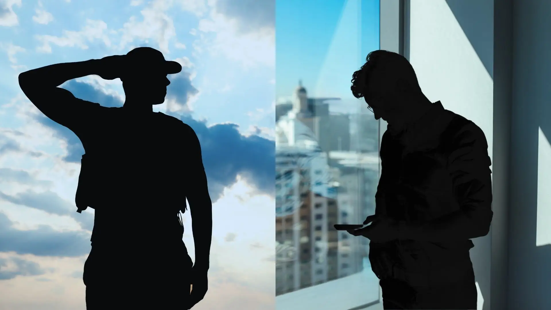 Silhouette of a military servicemember saluting on the left, transitioning to a silhouette of a professional looking at a smartphone in an office on the right, symbolizing the transition from military service to project management.