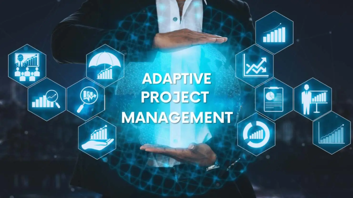 "Professional showcasing a holographic display with icons representing Adaptive Project Management concepts, against a digital network background."