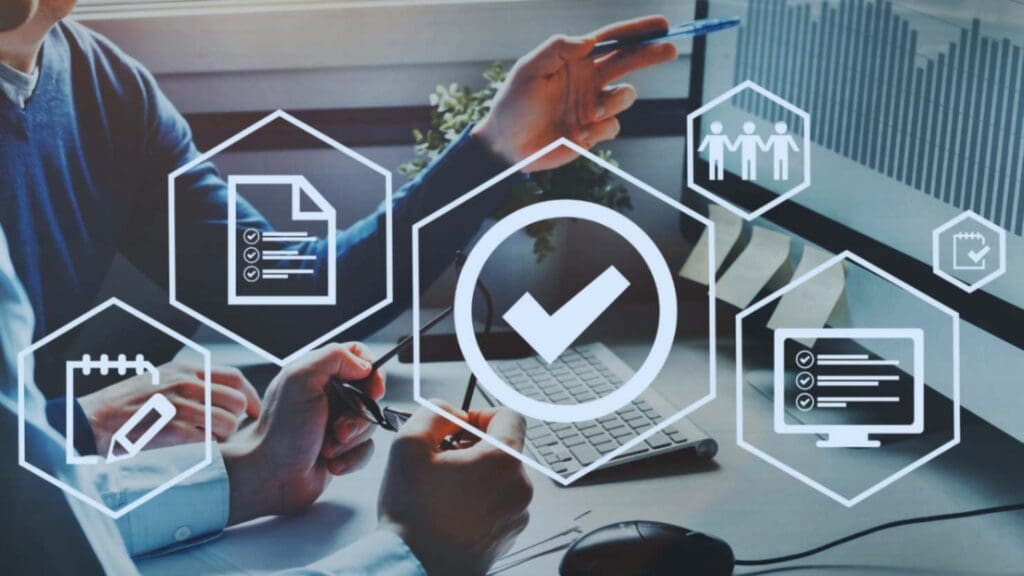 Interactive digital workspace with business analytics and management icons overlaying a collaborative office setting.