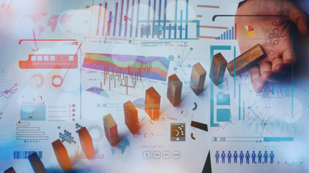 A composite image showing a hand stopping wooden blocks from toppling over, symbolizing risk management. The background is filled with various graphs, charts, and diagrams representing data analytics and business statistics, highlighting the role of organizational process assets in achieving stability.