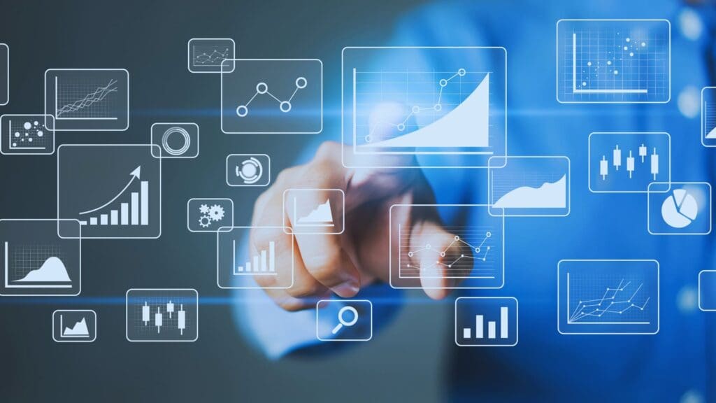 A person in a blue shirt interacts with various floating digital graphs and charts, representing data analysis and business analytics. The visuals include line graphs, bar charts, a search icon, and interconnected nodes, all suggesting data-driven project management and interpreting complex information.