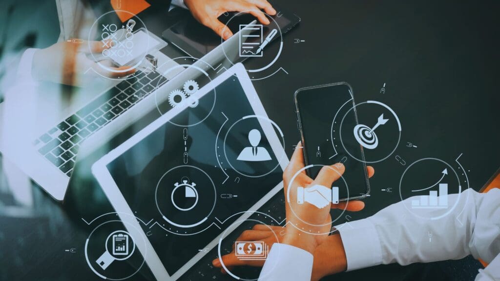 Digital graphic with icons representing productivity tools, boosting efficiency in 2024 with Notion.