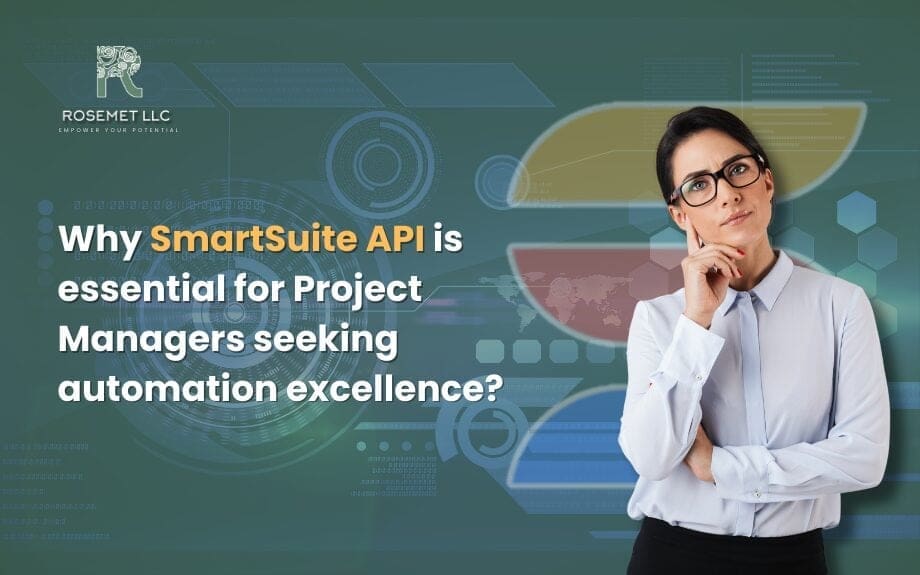 A thoughtful person with glasses examines futuristic digital graphics. Text reads: "Why SmartSuite API is vital for Project Managers seeking automation excellence?" The Rosmet LLC logo sits in the corner.