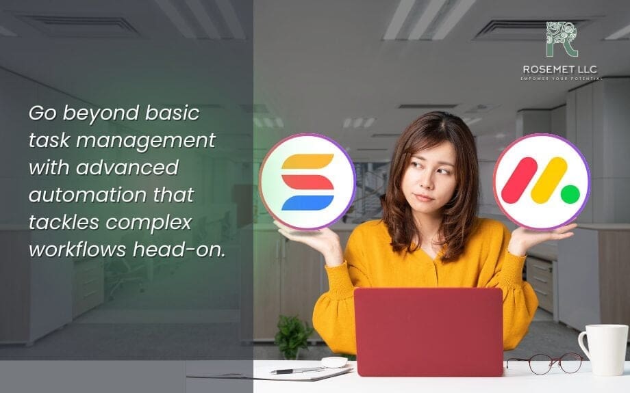 A woman sits at a desk with a laptop, holding icons of SmartSuite and Monday.com. Text on the left reads, "Go beyond basic task management with advanced automation that tackles complex workflows head-on." The Rosemet LLC logo is at the top right.