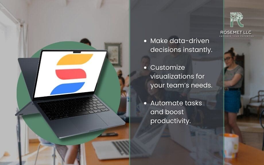 A group of people stands in a room with a laptop in the foreground displaying the vibrant SmartSuites logo. Text on the right reads: "Make data-driven decisions instantly. Customize visualizations for your team’s needs. Automate tasks and boost productivity.