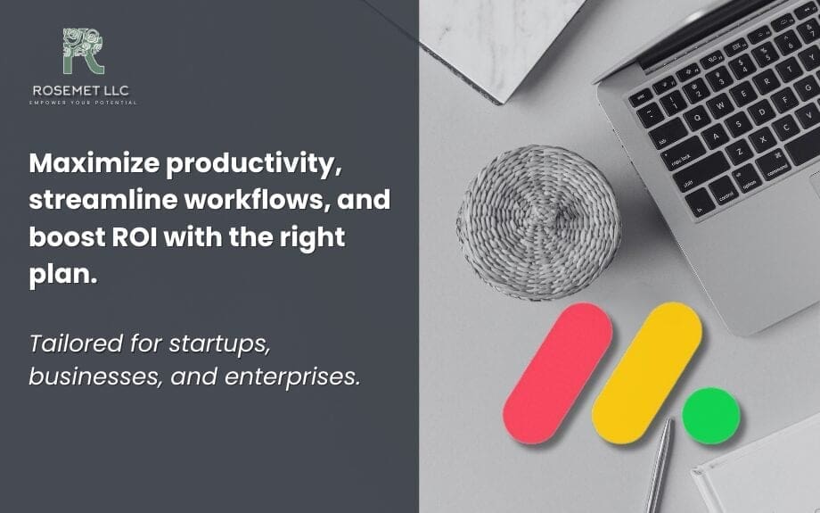 Maximize productivity, streamline workflows, and boost ROI with the right plan. Tailored for startups, businesses, and enterprises without the high cost of monday.com. Featuring a laptop, a notebook, and colorful markers on a desk.