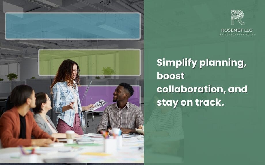 A group of diverse colleagues collaborates in a modern office. One person stands, gesturing as they talk, while others listen attentively. The text on the right reads, "Simplify planning with TeamGantt, boost collaboration, and stay on track.