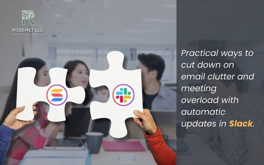 People in a meeting room hold large puzzle pieces featuring the Slack and a generic logo. Text reads, "Practical ways to cut down on email clutter and meeting overload with automatic updates and SmartSuite integrations in Slack.