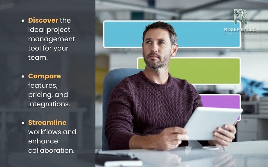 A man sits at a desk holding a tablet. Text highlights a project management tool, saying: "Discover the ideal TeamGantt alternative," "Compare features, pricing," and "Streamline workflows." Logo in the corner reads "ROSEMET LLC.