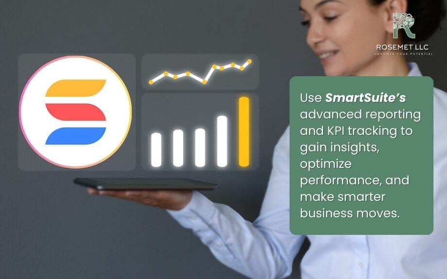 A person holding a tablet with digital analytics graphics. Accompanying text explains what SmartSuite is, highlighting its reporting and KPI tracking features for insights and performance optimization. The ROSEMET LLC logo is visible in the top right corner.