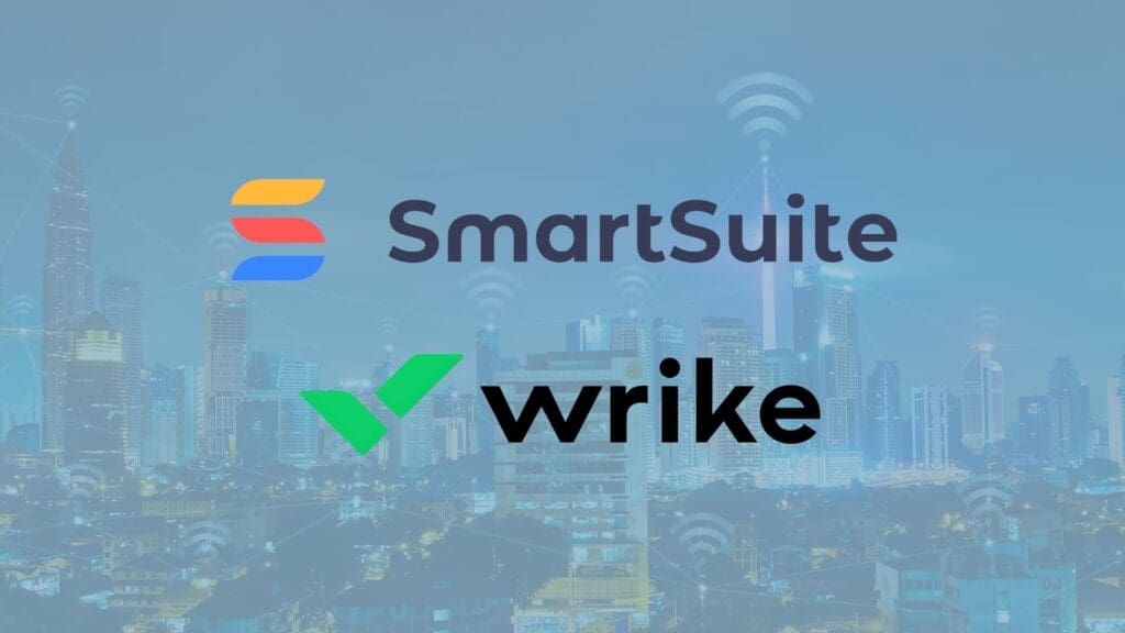 A cityscape background with lit-up buildings is overlaid with the logos of SmartSuite and Wrike, highlighting the aesthetic contrast in their designs. SmartSuite's logo features an abstract 'S' in vibrant hues, while Wrike's logo includes a green checkmark next to its black text—SmartSuite vs. Wrike at a glance.