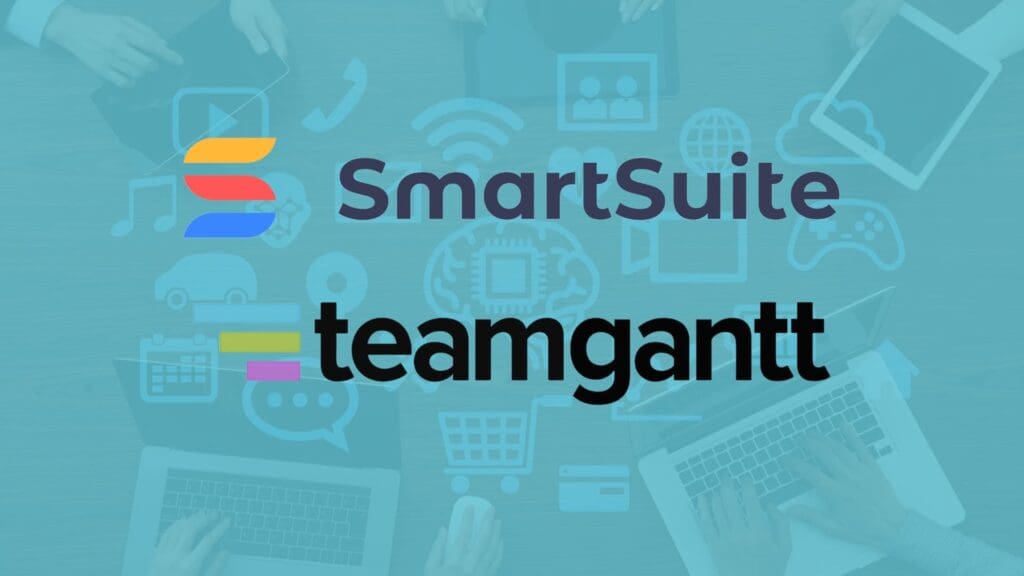 An image with logos of "SmartSuite" and "teamgantt" in the center on a teal background. Various icons like a shopping cart, speech bubbles, Wi-Fi signal, gears, and a handshake surround the logos, suggesting themes of communication, connectivity, collaboration—highlighting SmartSuite vs TeamGantt dynamics.
