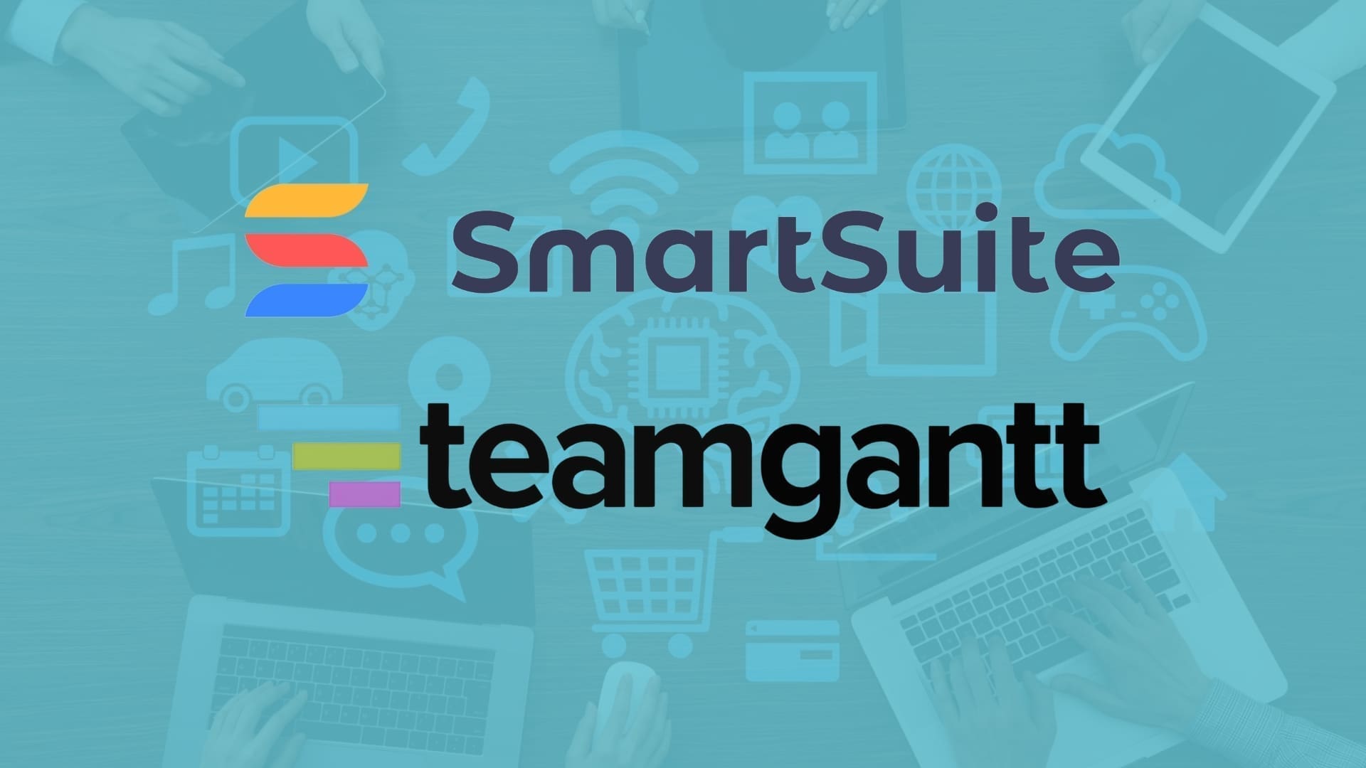 An image with logos of "SmartSuite" and "teamgantt" in the center on a teal background. Various icons like a shopping cart, speech bubbles, Wi-Fi signal, gears, and a handshake surround the logos, suggesting themes of communication, connectivity, collaboration—highlighting SmartSuite vs TeamGantt dynamics.