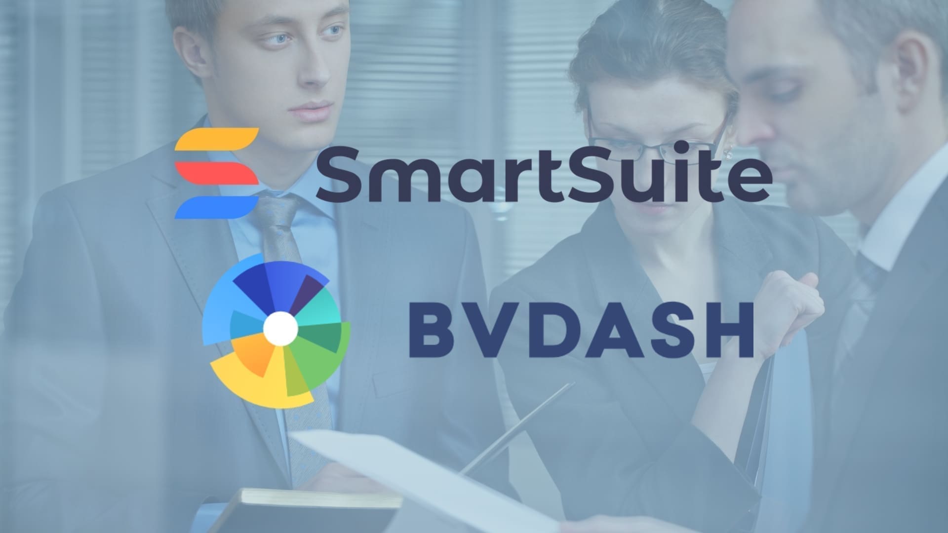 Three professionals engaged in a serious discussion, with two logos superimposed on the image: SmartSuite and BVDASH. The background is muted, focusing the attention on the logos and the intense expressions of the individuals, highlighting the ongoing debate of BVDash vs SmartSuite.