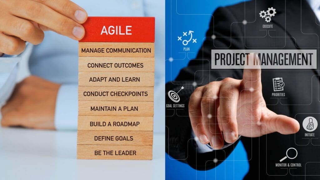 A two-part image: On the left, a red block labeled "AGILE" with concepts like "Manage Communication" and "Be the Leader." On the right, a person in a suit pointing at virtual icons related to Agile Project Management Phases, such as "Plan" and "Monitor & Control.
