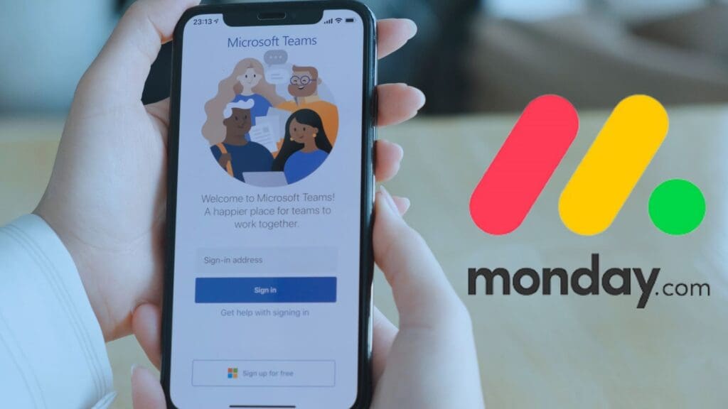 Smartphone screen displaying Microsoft Teams login page with Monday.com logo. This image highlights the topic: Does Monday.com integrate with Microsoft Teams?