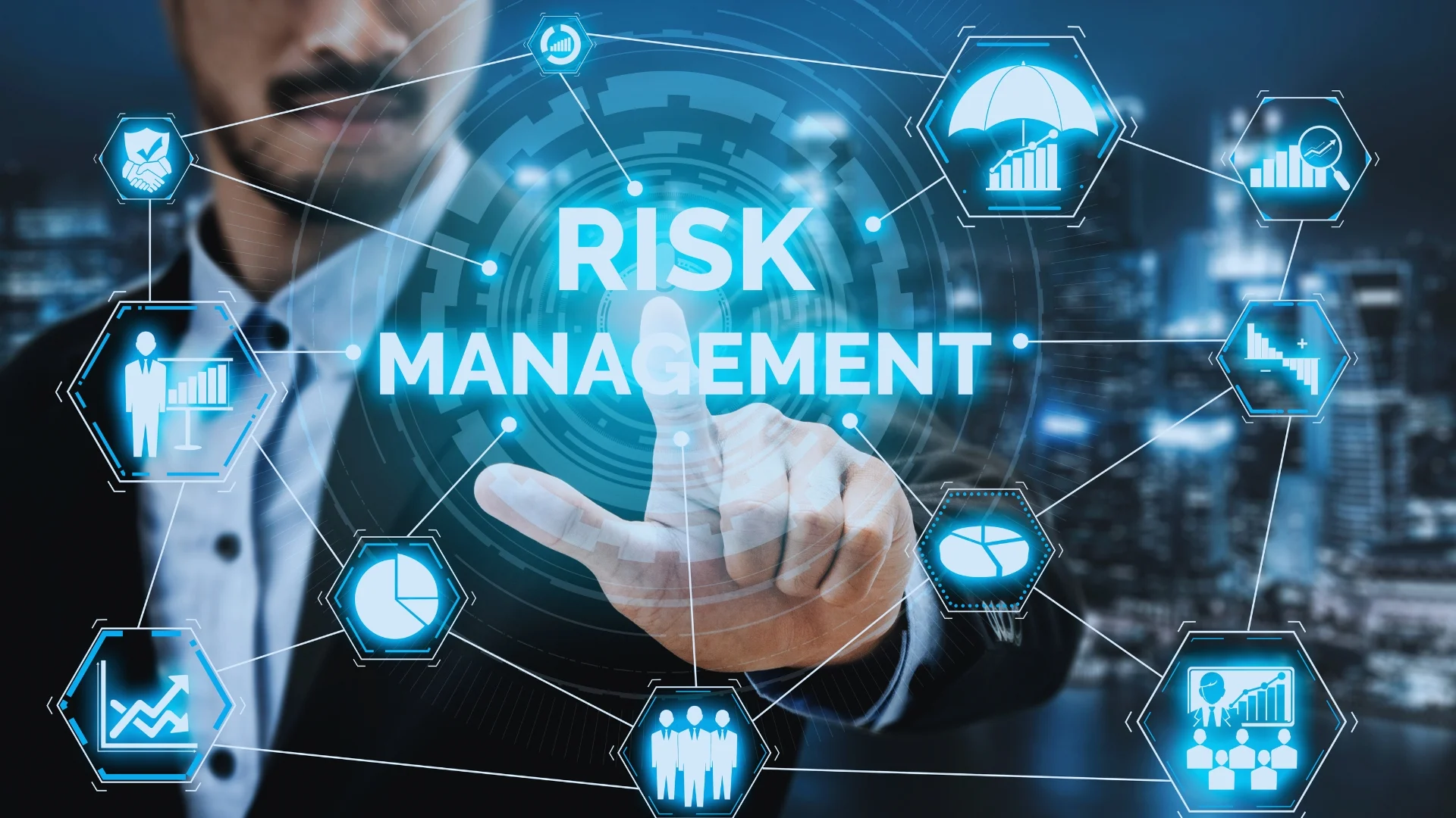A person in a suit touches a virtual screen displaying the words "Risk Management," surrounded by icons like graphs, security, teamwork, and data analysis—emphasizing the importance of quantifying risk in business decisions.