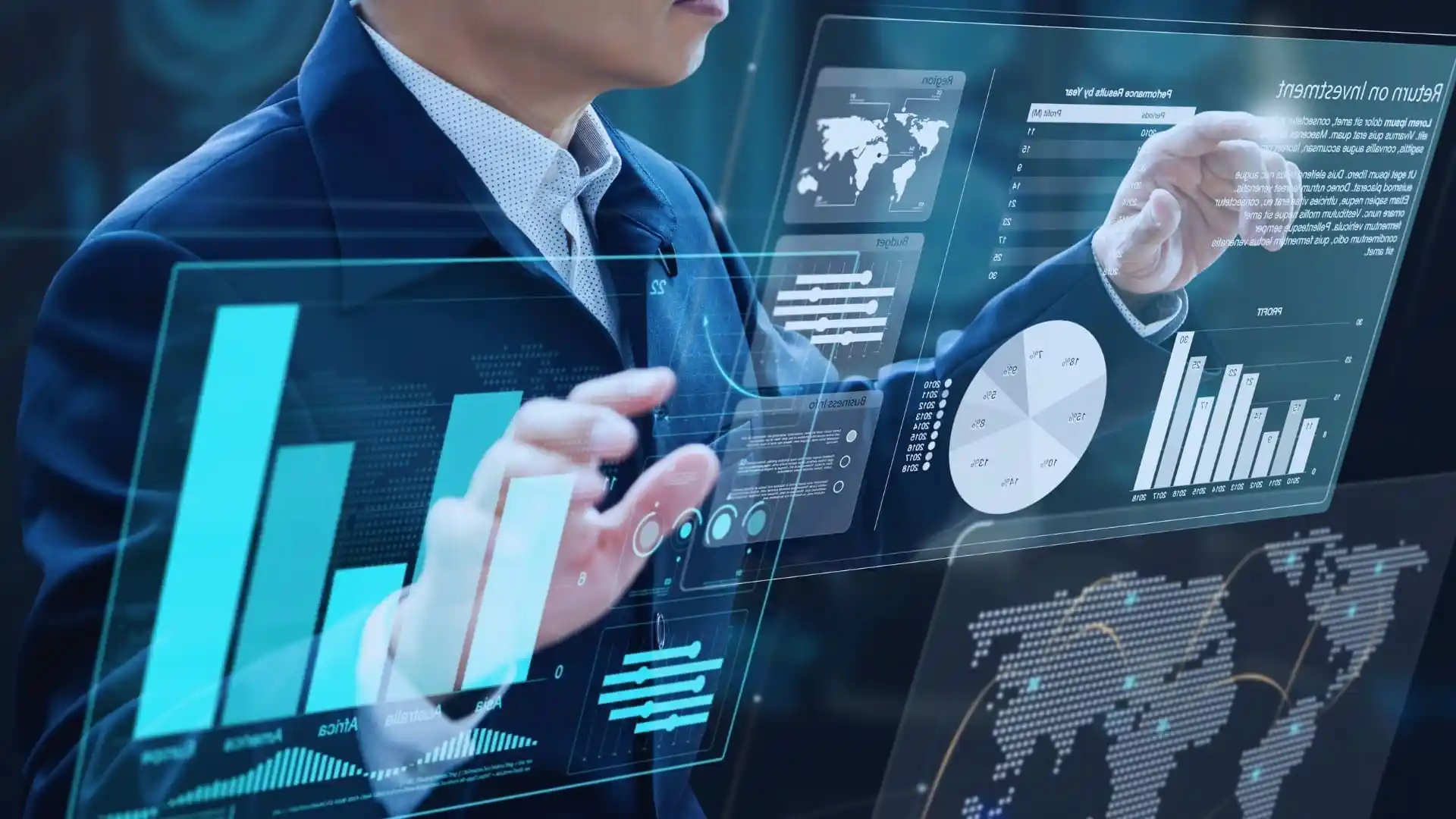 A person in a business suit interacts with virtual data and graphs on a transparent touchscreen interface, comparing BVDash vs SmartSuite through charts, maps, and analytical information.