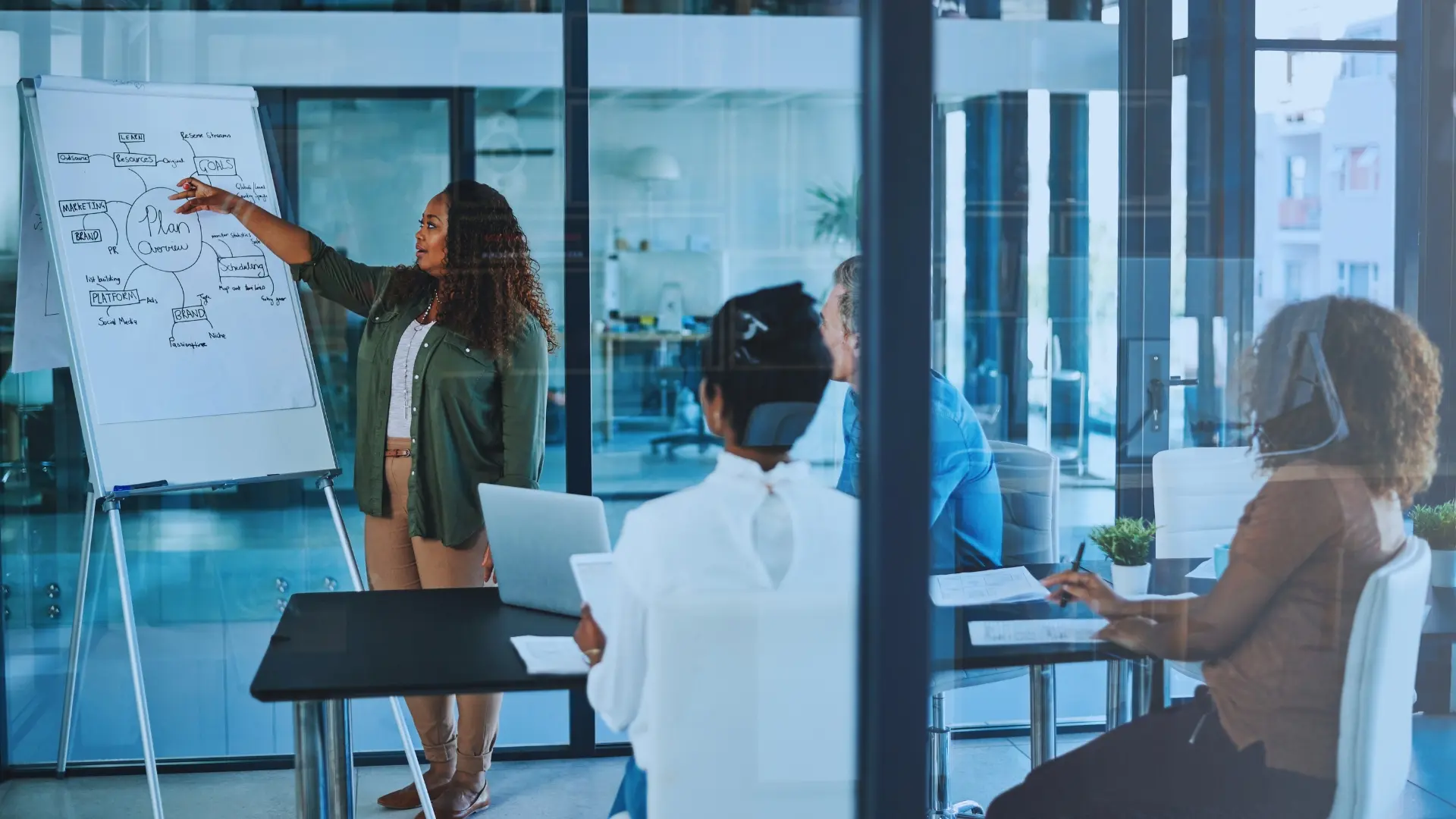 A woman stands at a flip chart quantifying risk as she presents a business plan to three colleagues seated at a table in a modern office with glass walls.