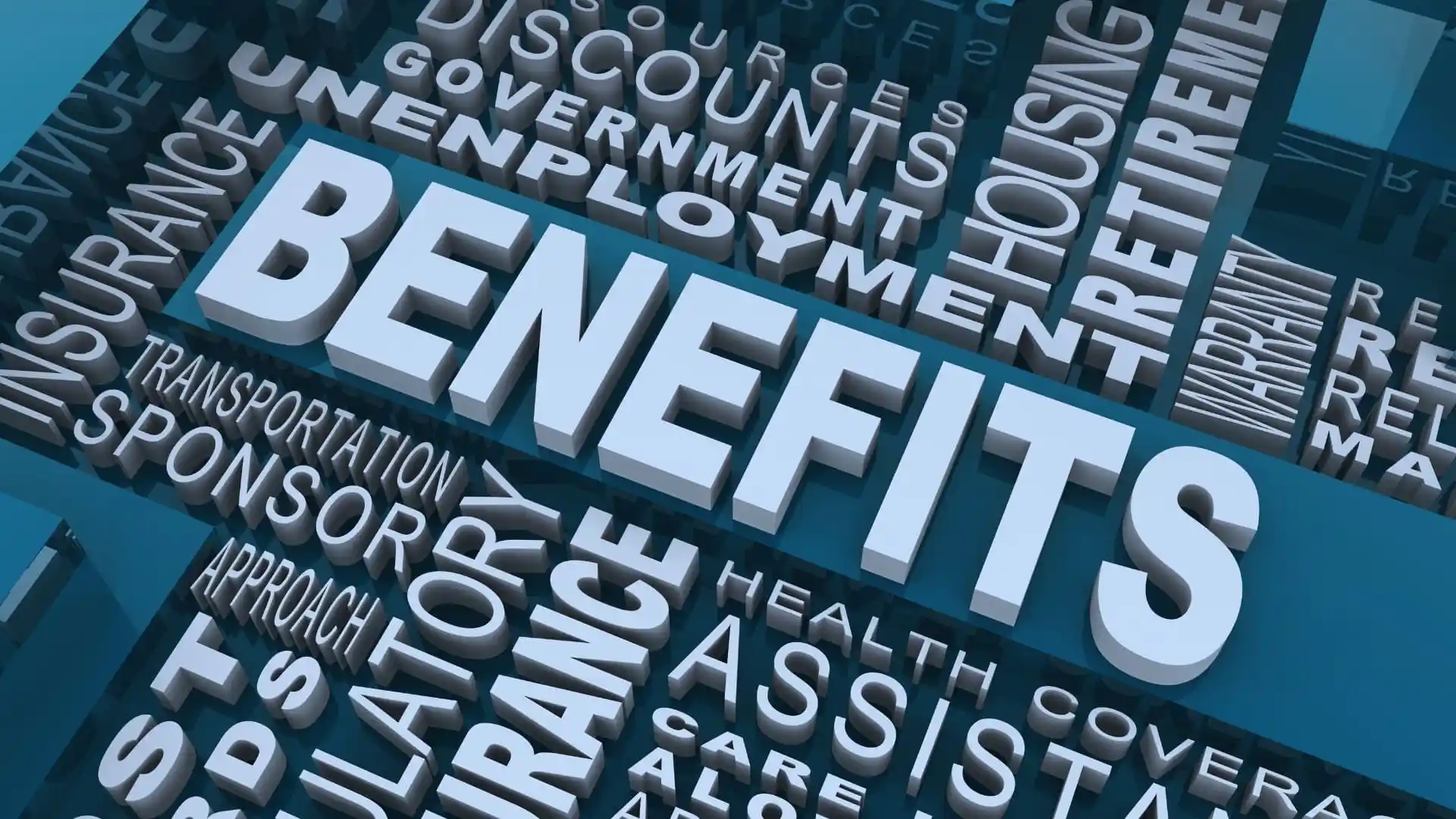 3D text image with the word "BENEFITS" in large white letters at the center, surrounded by related words like "unemployment," "insurance," "BVDash vs SmartSuite," "housing," "assistance," "government," and "health care.