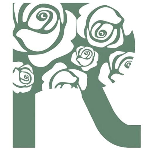 A stylized green letter "R" filled with intricate rose patterns.