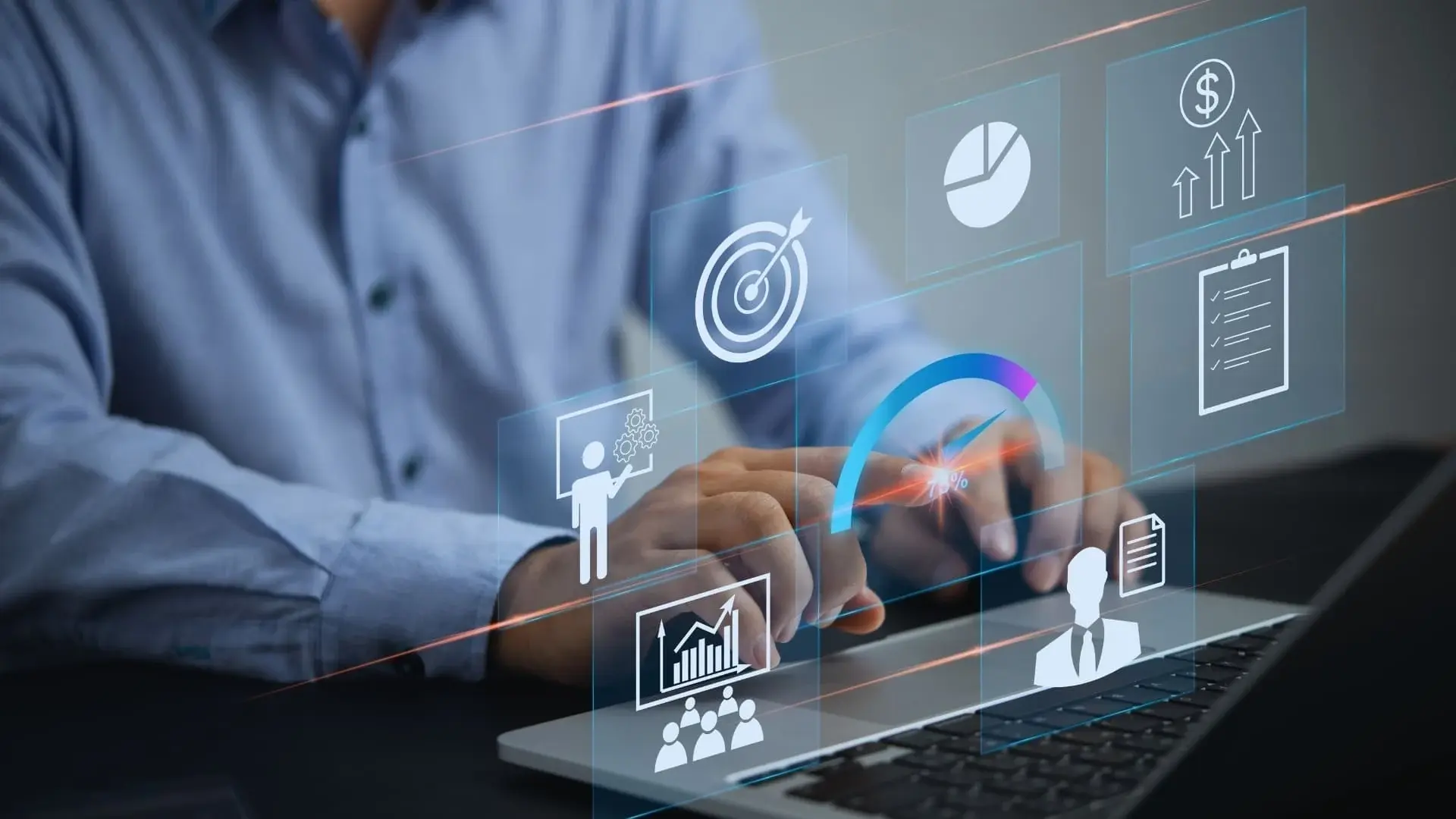 A person in a blue shirt uses a laptop, with floating digital business icons representing analytics, growth, targets, teamwork, money (reflecting Monday.com Price), and checklists superimposed over the image.