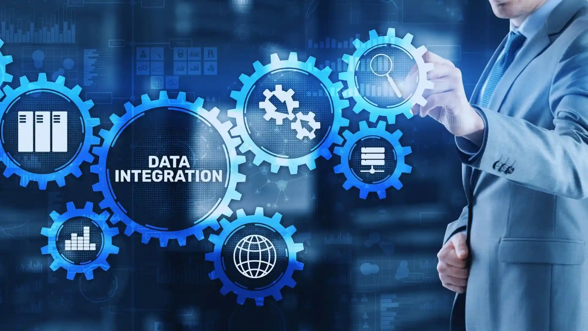 A person in a suit touches virtual blue gears with icons representing data integration, settings, servers, and databases on a digital interface background, highlighting workflow solutions like Monday.com Price for business optimization.