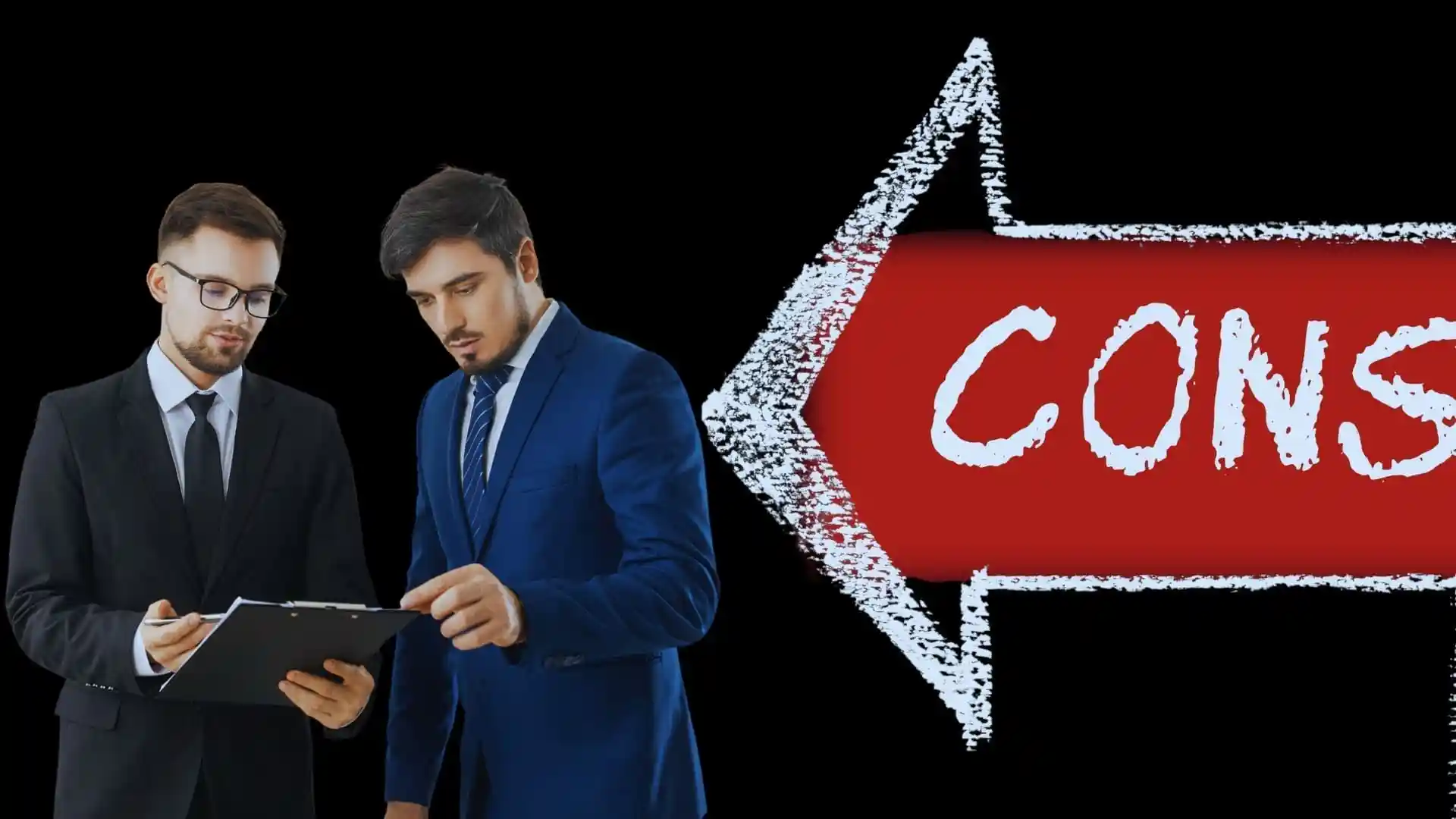 Two men in suits review documents on a clipboard, standing next to a large red arrow labeled "CONS," highlighting concerns about the Monday.com Price, all set against a black background.