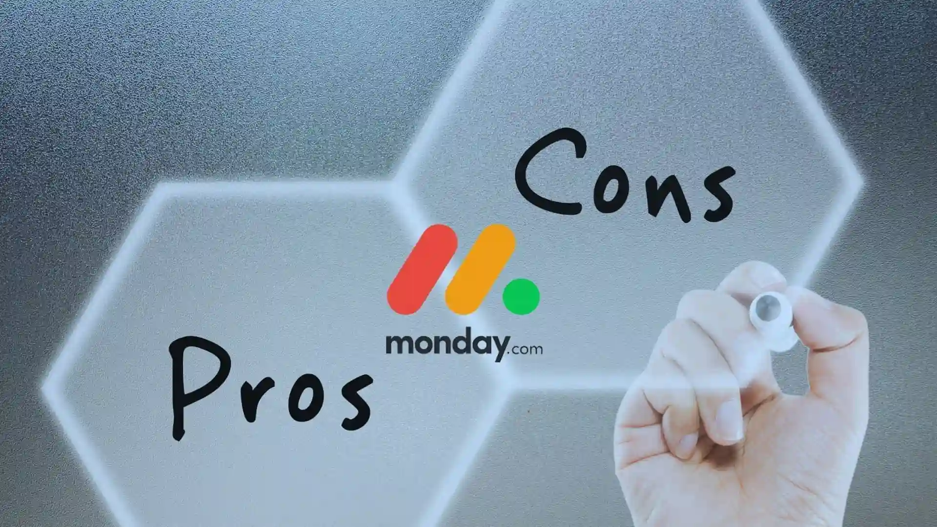 A hand writes "Pros" and "Cons" on a frosted glass surface, with the monday.com logo in the center—highlighting a visual comparison of TeamGantt vs Monday.com.