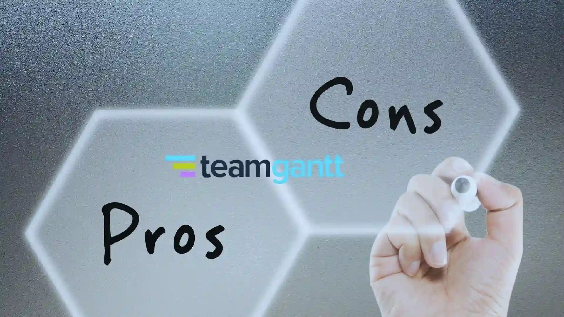 A hand writes "Pros" and "Cons" on a transparent screen, with the teamgantt logo in the center, hinting at a TeamGantt vs Monday.com comparison or review of these project management tools.