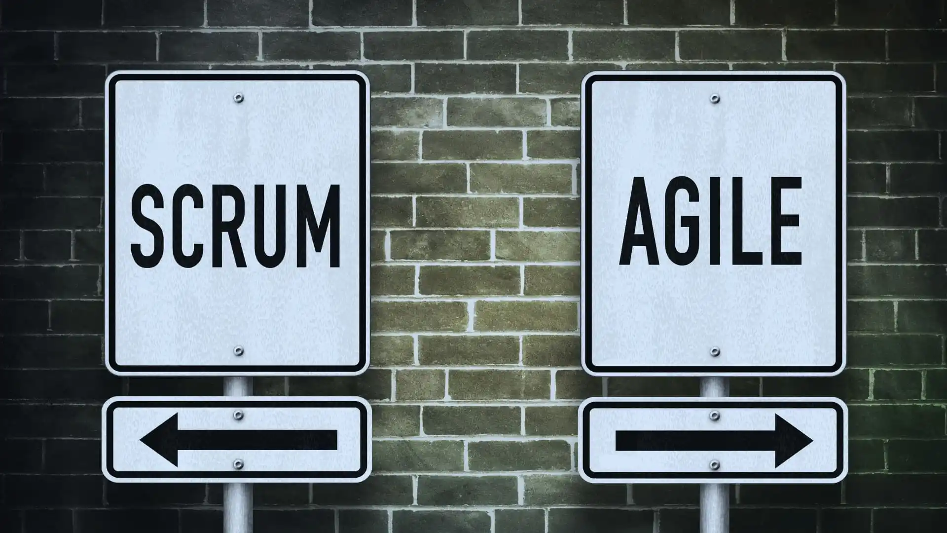 Two street signs in front of a brick wall, one labeled "SCRUM" and the other "AGILE," with arrows pointing left and right, highlighting the question: What is Scrum in Agile, and how do these approaches differ?.