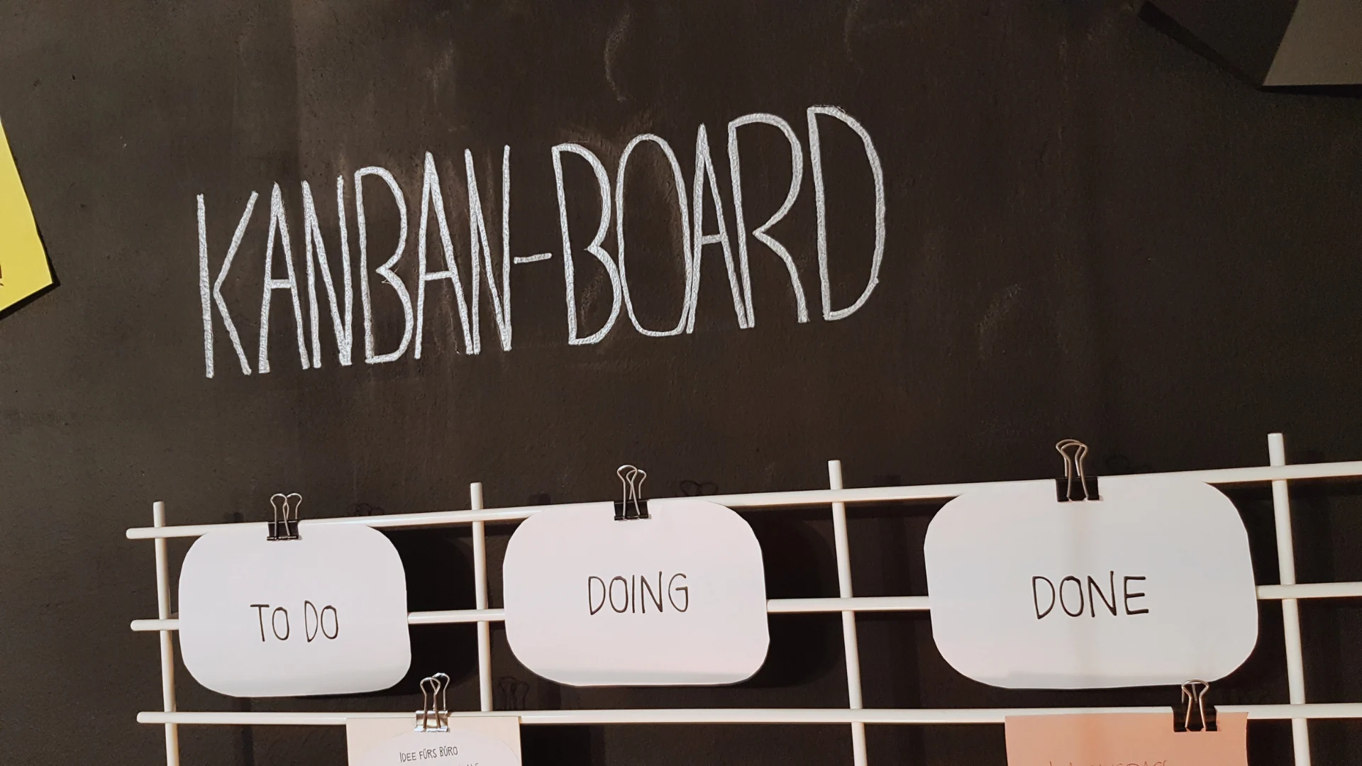 A black wall displays "KANBAN-BOARD" in large white letters above three columns labeled "TO DO," "DOING," and "DONE," each on a white card clipped to a white grid—perfect for visual Planning in Agile.