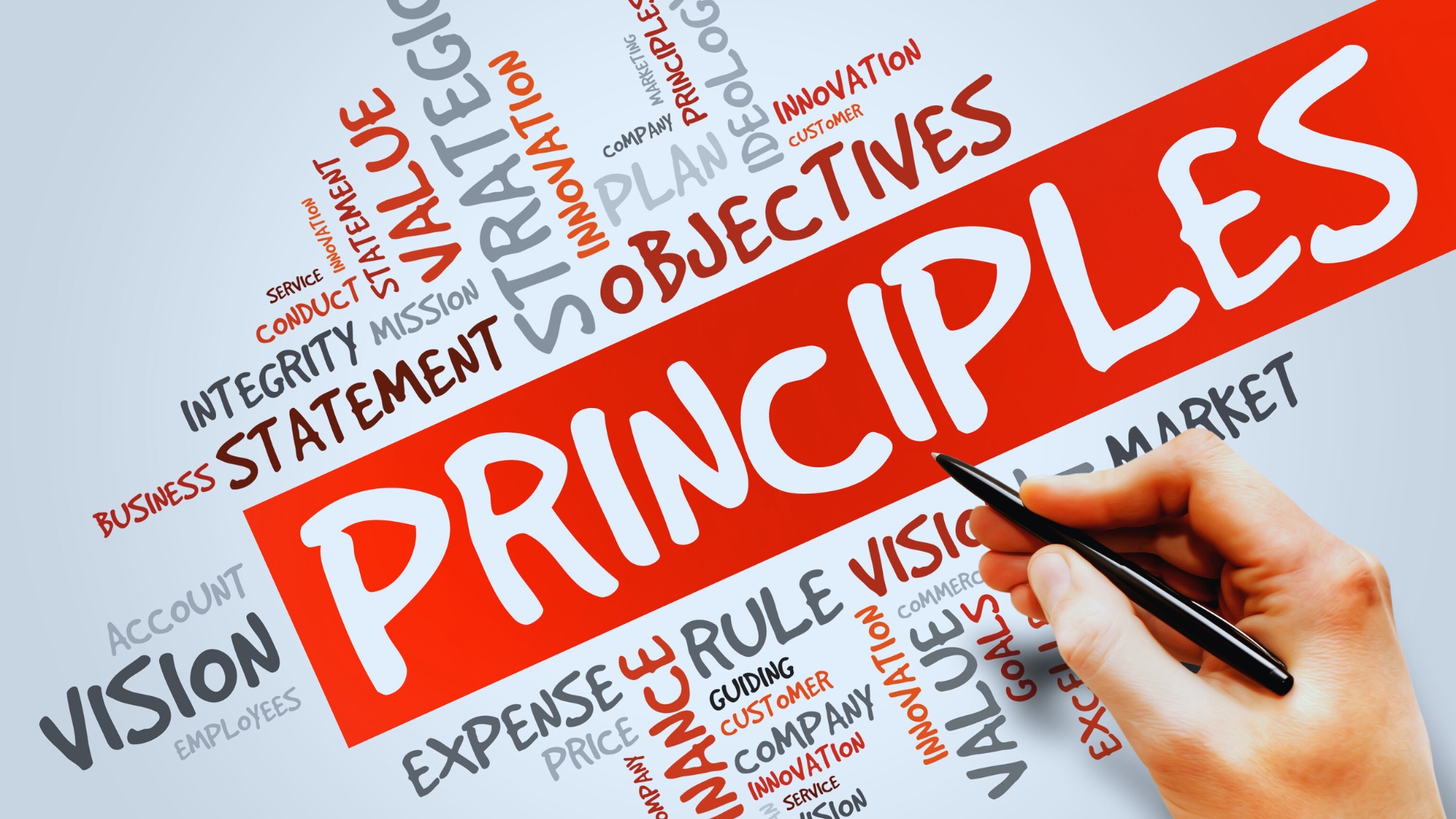 A hand holding a pen highlights the word "PRINCIPLES," including the Scrum Principle, in large red letters, surrounded by related terms like "VISION," "OBJECTIVES," "INTEGRITY," "STRATEGY," and "VALUES" in various sizes=