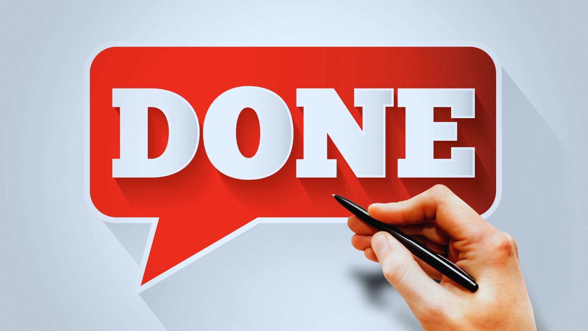A hand holding a pen points toward a large red speech bubble with the word "DONE" in bold white letters, symbolizing achievement in dod agile workflows. The background features a light gradient.