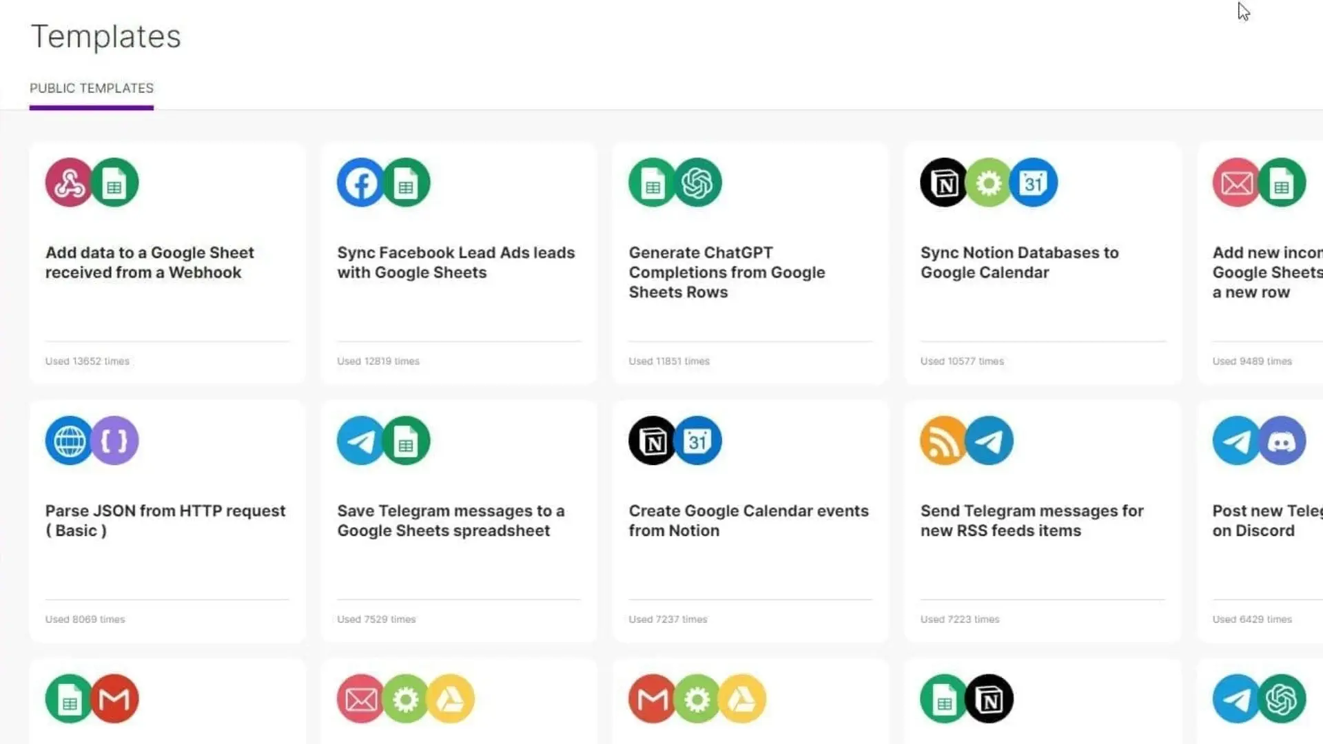 A dashboard displays various automation templates, each with icons and brief descriptions—compare workflows like syncing Facebook leads with Google Sheets, generating ChatGPT completions, sending Telegram messages, or exploring SmartSuite vs Todoist integrations.