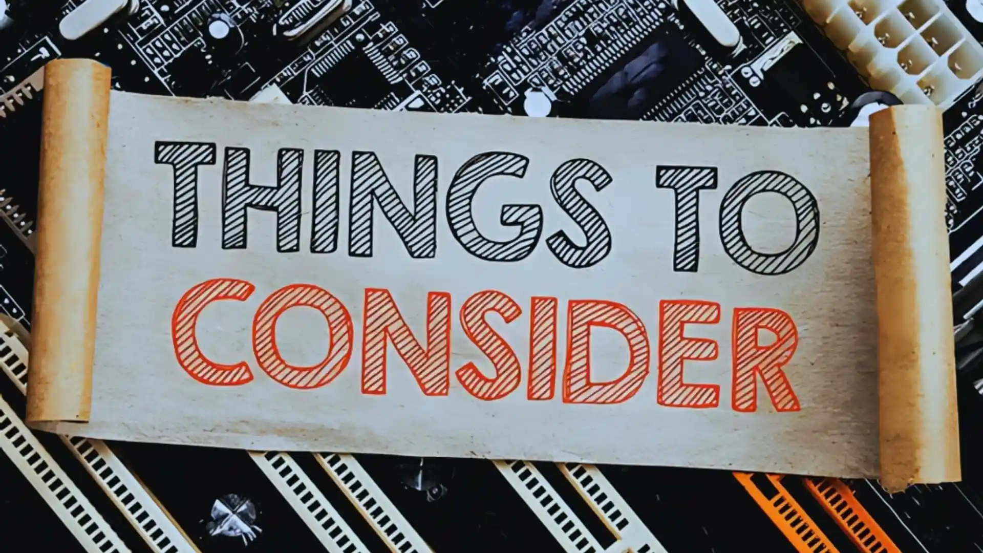 A sign with the text "THINGS TO CONSIDER" in bold letters, with "CONSIDER" highlighted in red, is placed over a background featuring electronic circuit boards and computer components—perfect for Agile Coaching environments.