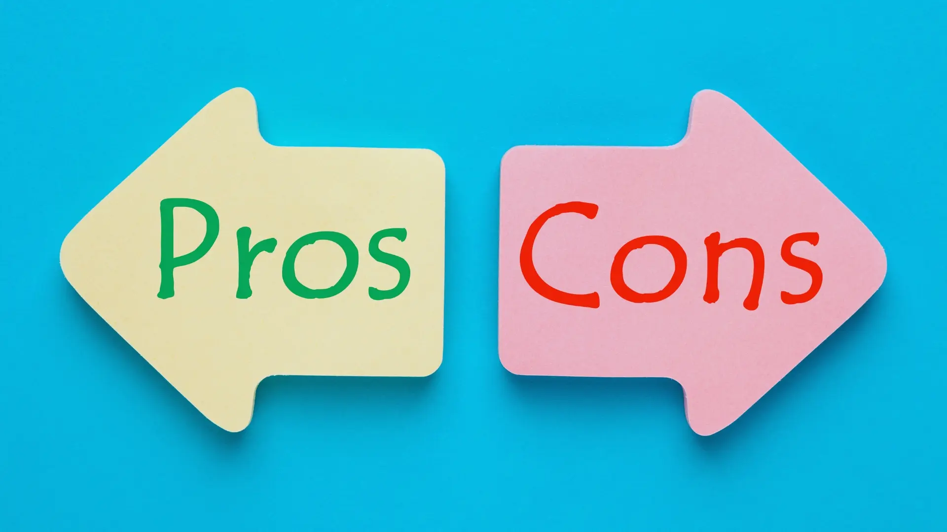 Two large arrows on a blue background: a yellow left-pointing arrow labeled "Pros" in green, and a pink right-pointing arrow labeled "Cons" in red—perfect for comparing TeamGantt Pricing advantages and disadvantages.