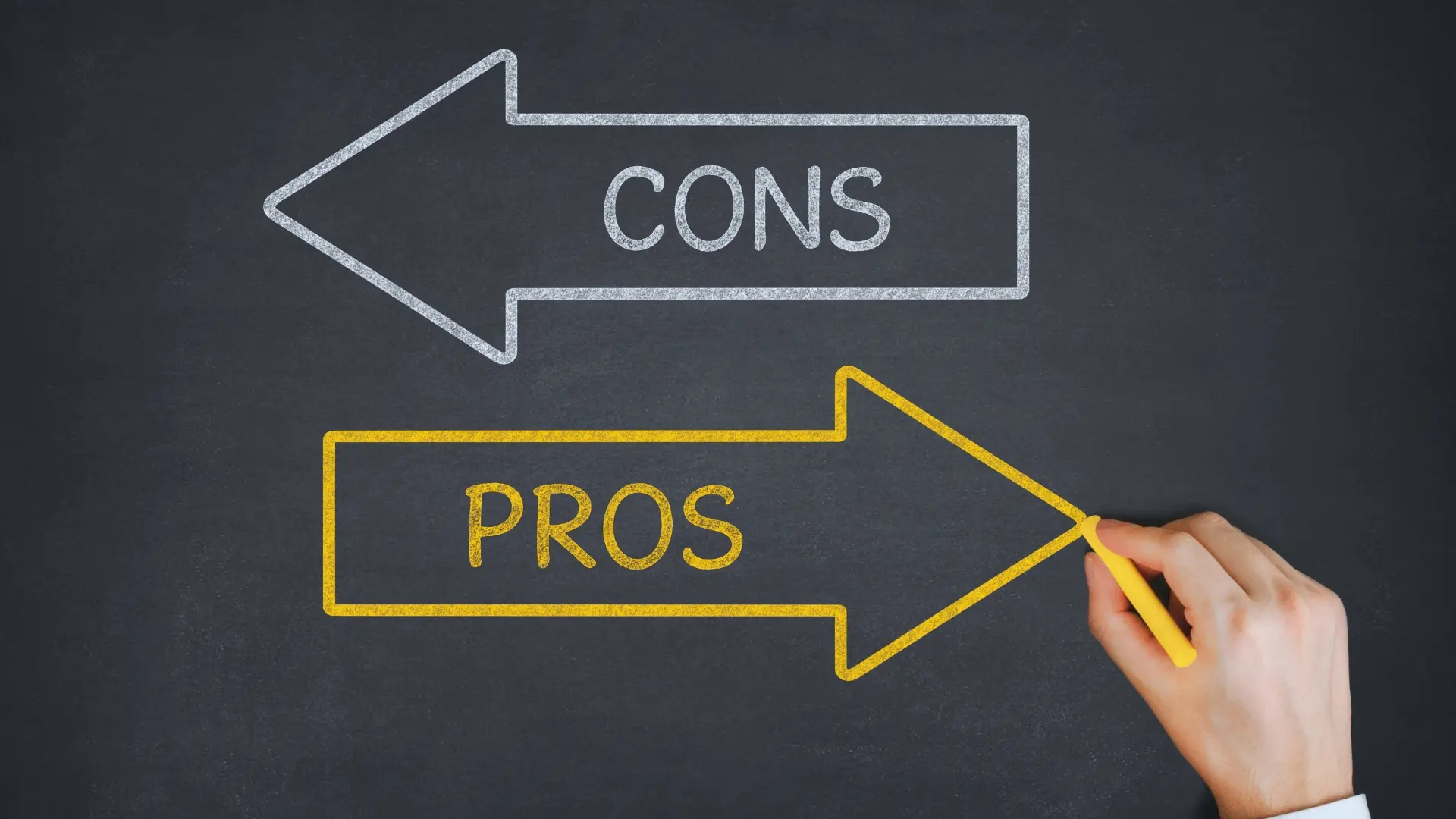 A hand drawing two arrows on a chalkboard: a white arrow pointing left labeled "CONS" and a yellow arrow pointing right labeled "PROS," illustrating the benefits of TeamGantt Integrations.
